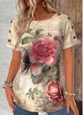 ROTITA Button Floral Print Light Camel Round Neck T Shirt