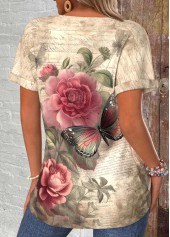 Light Camel tops,Floral tops,Plants tops,Animal Print tops,ROTITA Button Floral Print Light Camel Round Neck T Shirt