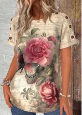 Light Camel tops,Floral tops,Plants tops,Animal Print tops,ROTITA Button Floral Print Light Camel Round Neck T Shirt