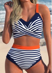 Rotita – Überkreuztes Bikini-Set mit hoher Taille und Streifen in Marineblau