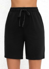 Black bottoms,Plain Color bottoms,Double Side Pockets Black Elastic Waist High Waisted Shorts