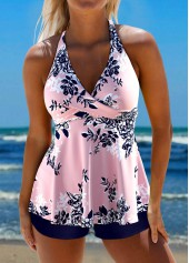 Pink swimwear,Floral swimwear,Plants swimwear,ROTITA Criss Cross Pink Floral Print Tankini Top
