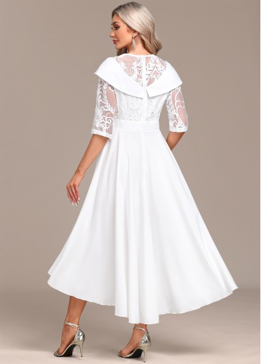 White dresses,Plain Color dresses,Party dresses,Elegant dresses,ROTITA Lace Patchwork White X Shape Midi Dress