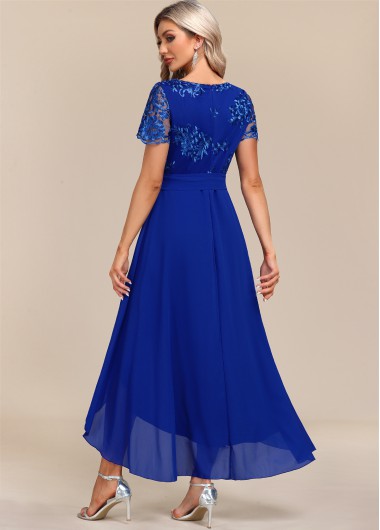 Royal Blue dresses,Plain Color dresses,Party dresses,Elegant dresses,ROTITA Sapphire Blue Lace Patchwork Belted Maxi Dress