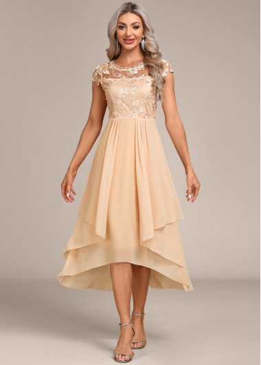 Champagne dresses,Plain Color dresses,Party dresses,Elegant dresses,ROTITA Lace Champagne High Low Round Neck Dress