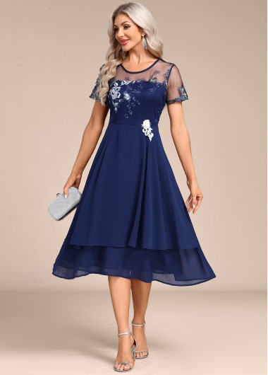 Navy dresses,Plain Color dresses,Party dresses,Elegant dresses,ROTITA Embroidery Navy Round Neck Short Sleeve Dress