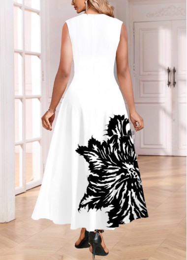White dresses,Black dresses,Plants dresses,Party dresses,Elegant dresses,Pocket Leaf Print White Round Neck Sleeveless Maxi Dress