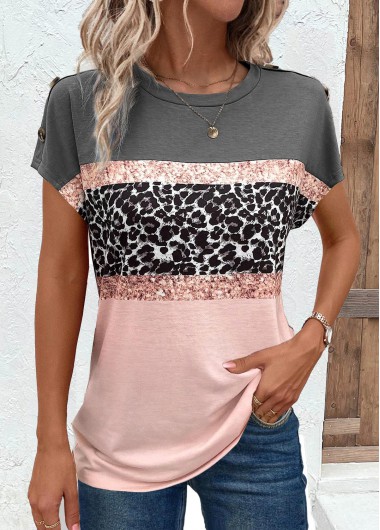 Pink tops,Grey tops,Leopard tops,Animal Print tops,Button Leopard Pink Round Neck Short Sleeve T Shirt