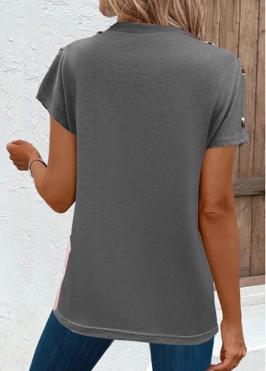 Pink tops,Grey tops,Leopard tops,Animal Print tops,Button Leopard Pink Round Neck Short Sleeve T Shirt