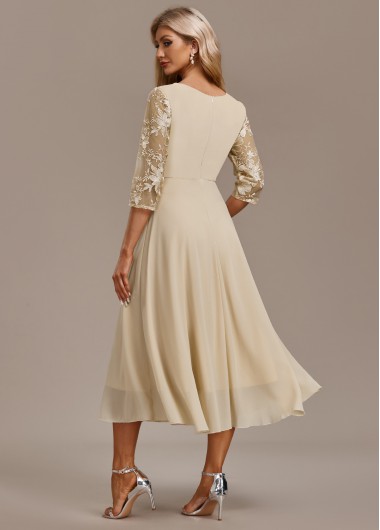 Champagne dresses,Plain Color dresses,Party dresses,Elegant dresses,ROTITA Embroidery Champagne Round Neck 3/4 Sleeve Dress
