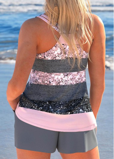 Grey swimwear,Striped swimwear,Geometric swimwear,ROTITA Lace Up Grey Multi Stripe Print Tankini Set