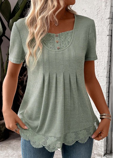 Sage Green tops,Plain Color tops,ROTITA Lace Sage Green Square Neck Short Sleeve T Shirt