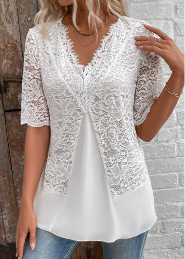 White tops,Plain Color tops,ROTITA Patchwork White V Neck Half Sleeve Blouse