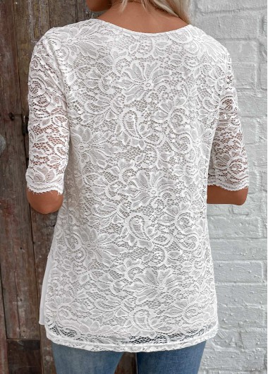 White tops,Plain Color tops,ROTITA Patchwork White V Neck Half Sleeve Blouse