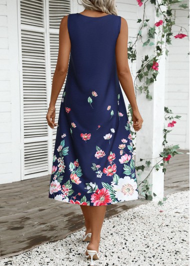 Navy dresses,Floral dresses,Plants dresses,Party dresses,Elegant dresses,ROTITA Breathable Floral Print Navy A Line Round Neck Dress