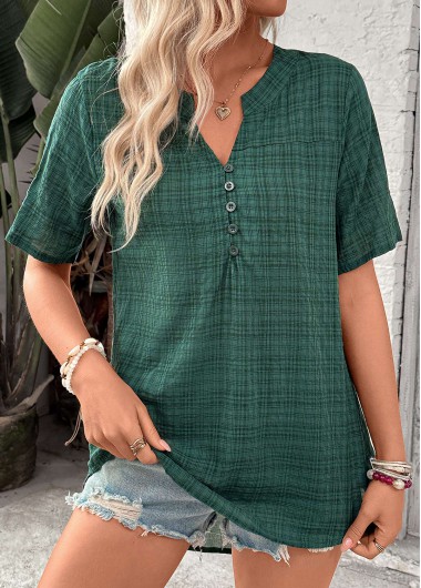Blackish Green tops,Plaid tops,ROTITA Button Plaid Blackish Green Split Neck Short Sleeve Blouse