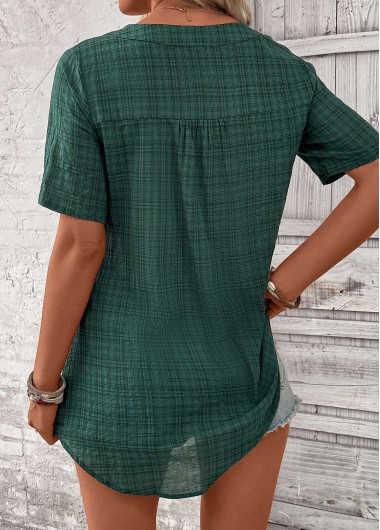 Blackish Green tops,Plaid tops,ROTITA Button Plaid Blackish Green Split Neck Short Sleeve Blouse