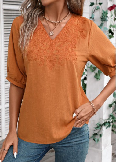 Terracotta tops,Plain Color tops,Embroidery Terracotta V Neck Half Sleeve Blouse