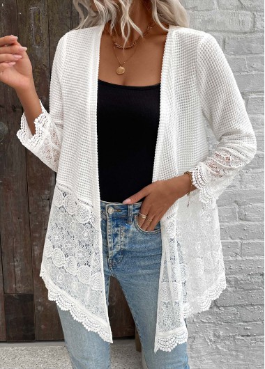 White tops,Plain Color tops,ROTITA Lace White 3/4 Sleeve Light Cardigan