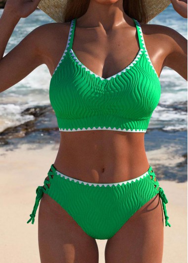 Green swimwear,Plain Color swimwear,ROTITA Contrast Binding Lace Up Green Bikini Set