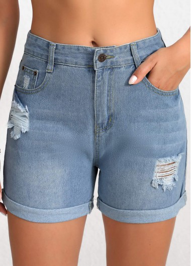 Denim Blue bottoms,Plain Color bottoms,Button Denim Blue Regular High Waisted Shorts