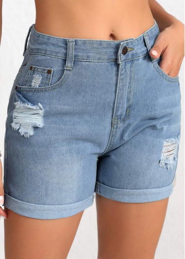 Denim Blue bottoms,Plain Color bottoms,Button Denim Blue Regular High Waisted Shorts