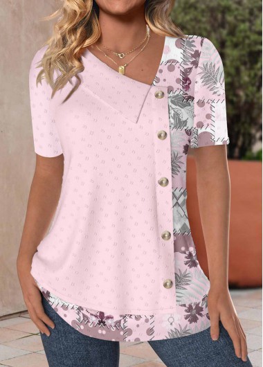 Pink tops,Floral tops,Plants tops,Dot tops,Tribal tops,ROTITA Patchwork Pink Asymmetrical Neck Short Sleeve Blouse