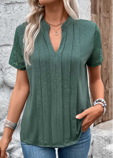 Green tops,Plain Color tops,ROTITA Pleated Green Split Neck Short Sleeve T Shirt