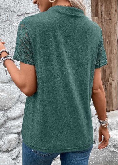 Green tops,Plain Color tops,ROTITA Pleated Green Split Neck Short Sleeve T Shirt
