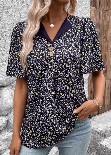 Navy tops,Ditsy Floral tops,Floral tops,Plants tops,ROTITA Button Ditsy Floral Print Navy Short Sleeve T Shirt