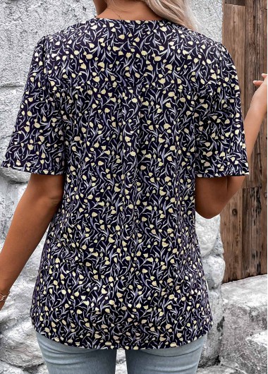 Navy tops,Ditsy Floral tops,Floral tops,Plants tops,ROTITA Button Ditsy Floral Print Navy Short Sleeve T Shirt