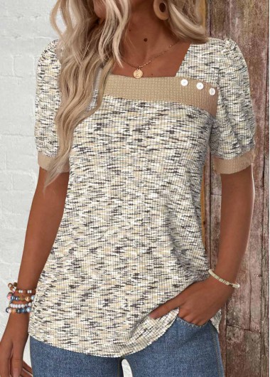 Light Coffee tops,Plain Color tops,ROTITA Button Light Coffee Asymmetrical Neck Short Sleeve T Shirt