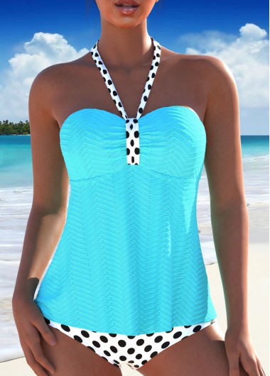 Light Blue swimwear,Dot swimwear,ROTITA Ruched Light Blue Polka Dot Tankini Set