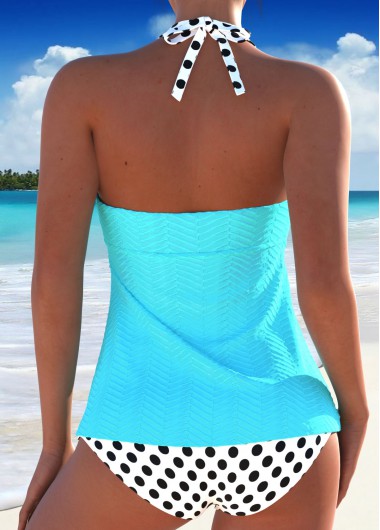 Light Blue swimwear,Dot swimwear,ROTITA Ruched Light Blue Polka Dot Tankini Set