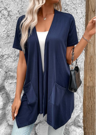 Navy tops,Plain Color tops,Handkerchief Hem Navy Short Sleeve Light Cardigan