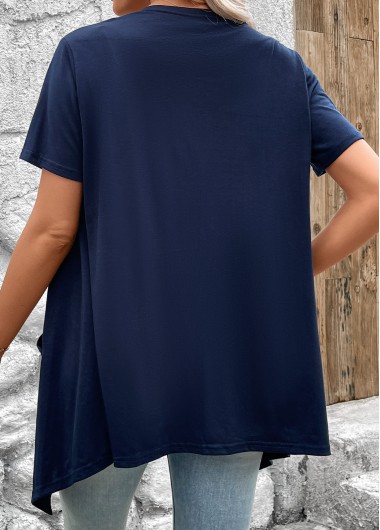 Navy tops,Plain Color tops,Handkerchief Hem Navy Short Sleeve Light Cardigan