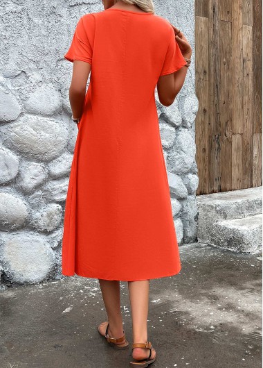 Neon Red dresses,Plain Color dresses,Everyday dresses,Casual dresses,ROTITA Pleated Neon Red Round Neck Short Sleeve Dress