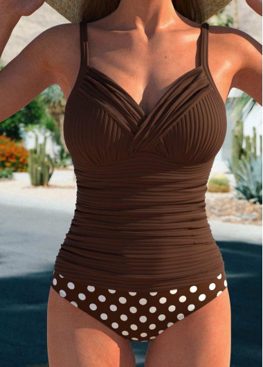 Dark Coffee swimwear,Dot swimwear,ROTITA Surplice Dark Coffee Polka Dot Tankini Set