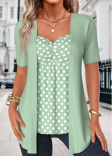 Green tops,Dot tops,ROTITA Polka Dot Green Heart Collar Fake Two Piece Twinset