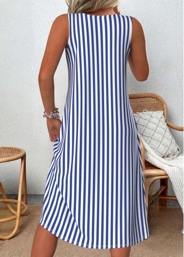 Blue dresses,Striped dresses,Geometric dresses,Everyday dresses,Casual dresses,ROTITA Patchwork Striped Blue A Line V Neck Sleeveless Dress