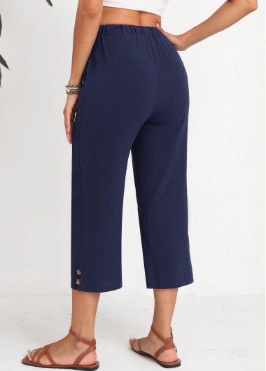 Navy bottoms,Plain Color bottoms,Button Navy Elastic Waist High Waisted Pants