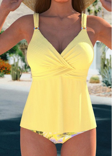Light Yellow swimwear,Plants swimwear,ROTITA Surplice Light Yellow Tropical Plants Print Tankini Set