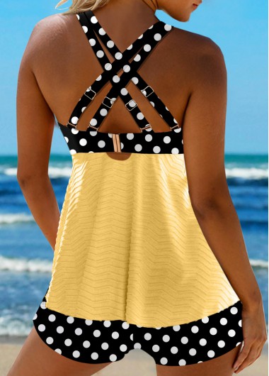 Light Yellow swimwear,Dot swimwear,ROTITA Jacquard Light Yellow Polka Dot Tankini Set