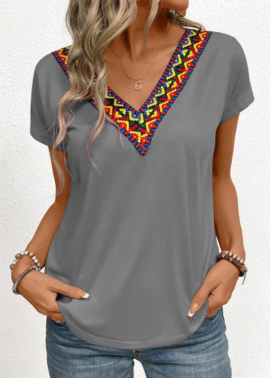 Dark Grey tops,Tribal tops,Patchwork Tribal Print Grey V Neck T Shirt
