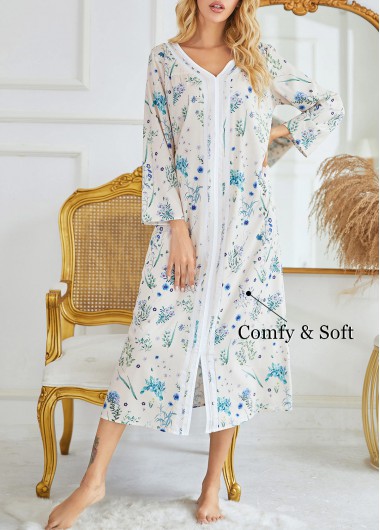 Blue loungewear,White loungewear,Ditsy Floral loungewear,Floral loungewear,Plants loungewear,Ditsy Floral Print Blue V Neck Long Sleeve Nightdress