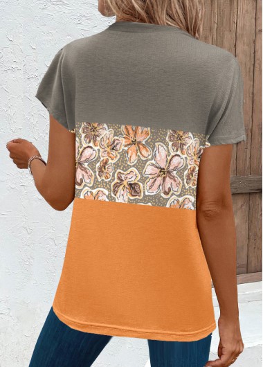 Orange tops,Floral tops,Plants tops,Contrast Color tops,ROTITA Circular Ring Floral Print Orange Short Sleeve T Shirt