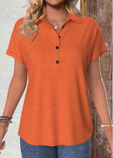 Terracotta tops,Plain Color tops,ROTITA Button Terracotta Shirt Collar Short Sleeve Blouse