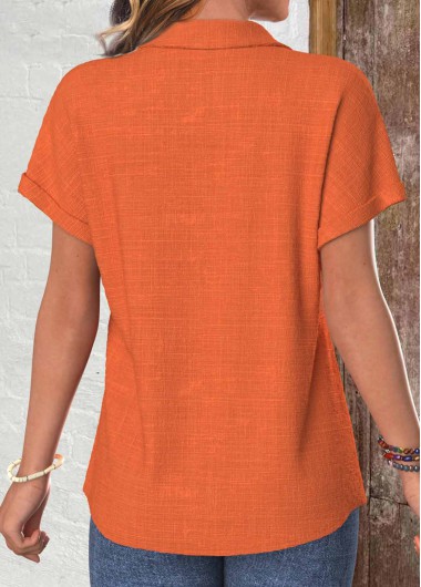 Terracotta tops,Plain Color tops,ROTITA Button Terracotta Shirt Collar Short Sleeve Blouse