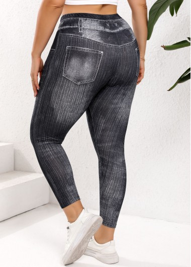 Black plus size,Denim-Effect Print plus size,Plus Size Black Denim-effect Print Skinny Elastic Waist Leggings