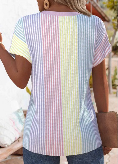 Multi Color tops,Striped tops,Geometric tops,ROTITA Cross Hem Striped Multi Color Round Neck T Shirt